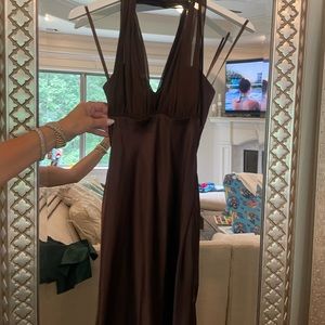 Teal dress with deep chocolate overlay and beads.